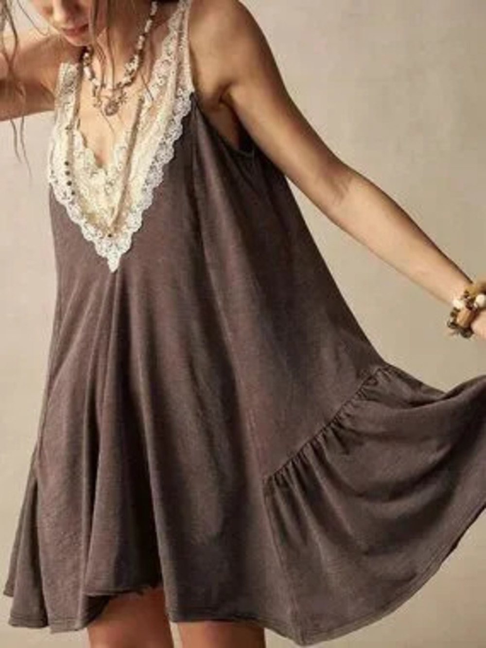 ZARA Brown Casual Women's Knit Contrast Lace Mini Dress
